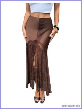 Lace High Slit Long Skirt Low Rise Ruffle Flowy Mesh A-Line Full Skirt